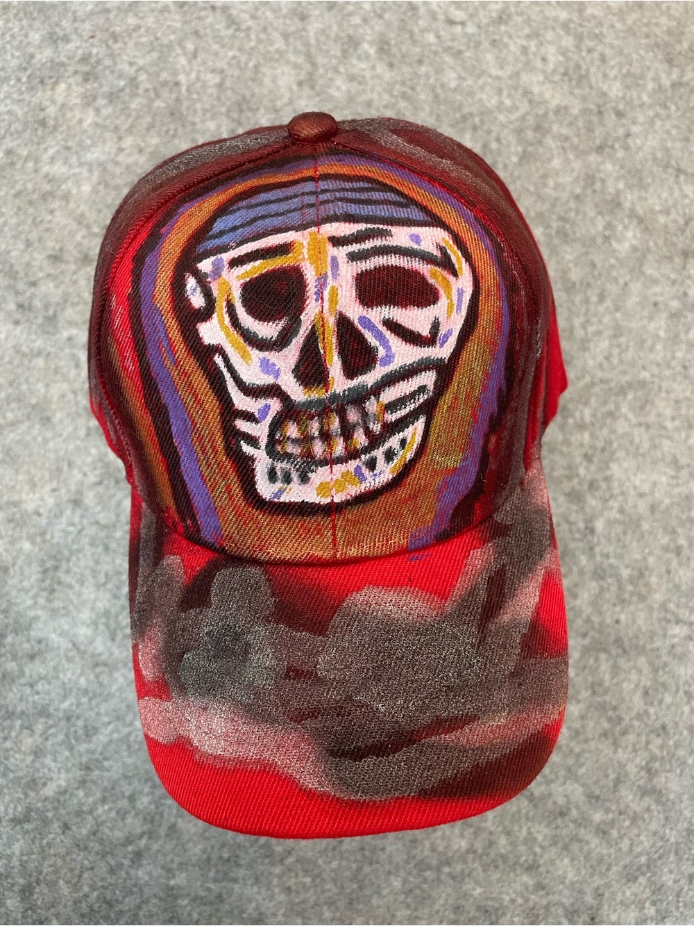 Hand Painted Skull Baseball Cap Red Camo Goth Punk Streetwear Hat Adjustable